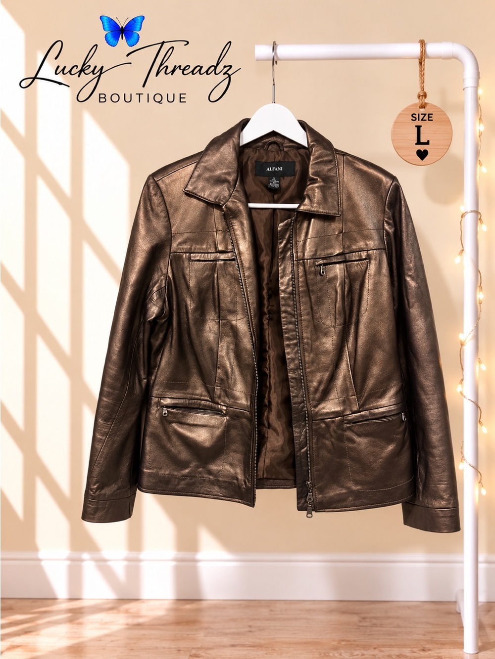 Alfani Genuine Leather Metallic Bronze Moto Jacket Women’s L